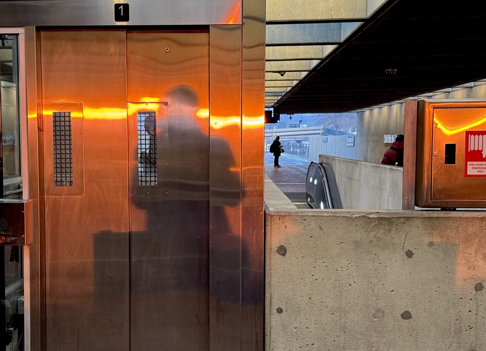 Copper elevator doors, golden hour